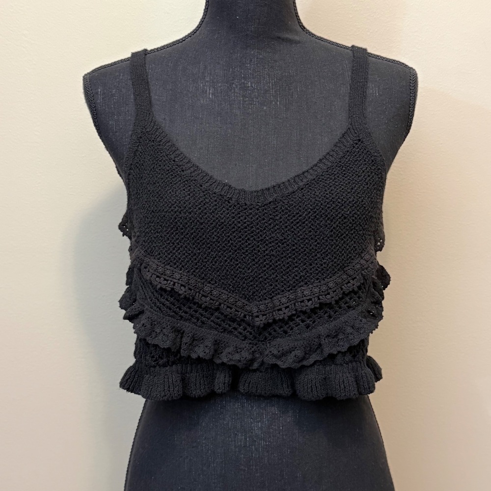 Zara Black Knit Crochet Ruffle Crop Top Sleeveless Womens L Festival Whimsigoth